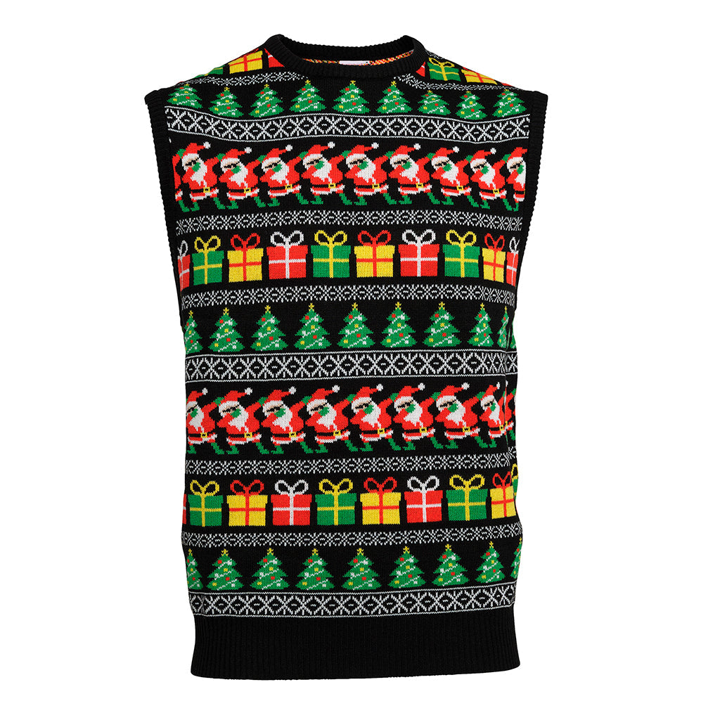 En julevest med juletræer og gaver på.